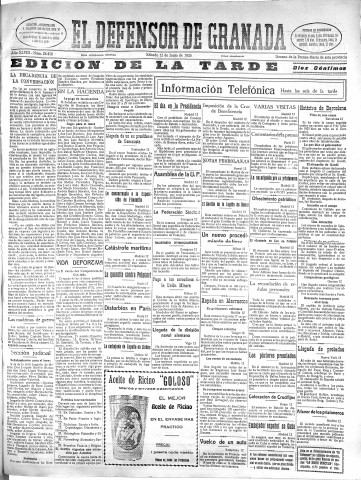 'El Defensor de Granada  : diario político independiente' - Año XLVIII Número 24417 Ed. Tarde - 1926 Junio 12