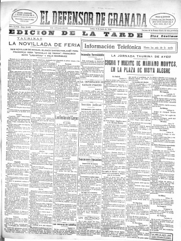 'El Defensor de Granada  : diario político independiente' - Año XLVIII Número 24418 Ed. Tarde - 1926 Junio 14