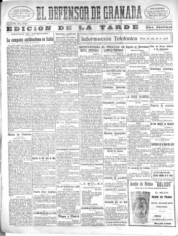 'El Defensor de Granada  : diario político independiente' - Año XLVIII Número 24424 Ed. Tarde - 1926 Junio 17