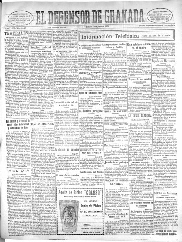 'El Defensor de Granada  : diario político independiente' - Año XLVIII Número 24427 Ed. Tarde - 1926 Junio 19
