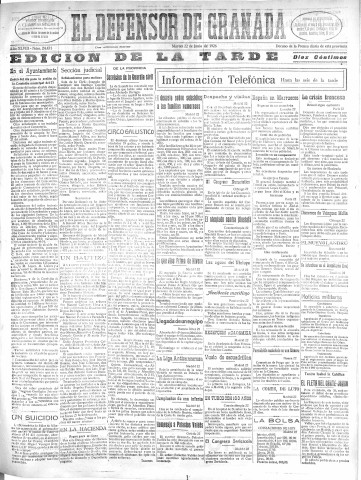 'El Defensor de Granada  : diario político independiente' - Año XLVIII Número 24431 Ed. Tarde - 1926 Junio 22