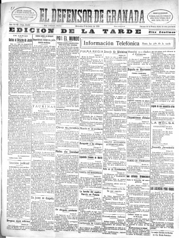 'El Defensor de Granada  : diario político independiente' - Año XLVIII Número 24433 Ed. Tarde - 1926 Junio 23