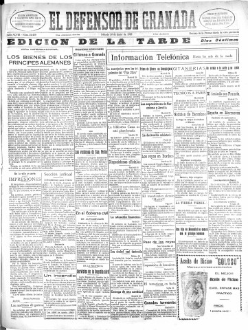 'El Defensor de Granada  : diario político independiente' - Año XLVIII Número 24439 Ed. Tarde - 1926 Junio 26