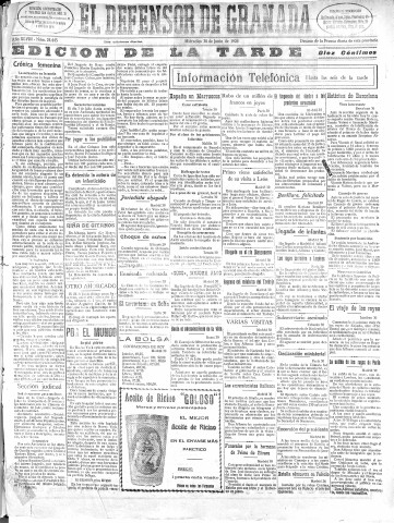 'El Defensor de Granada  : diario político independiente' - Año XLVIII Número 24445 Ed. Tarde - 1926 Junio 30