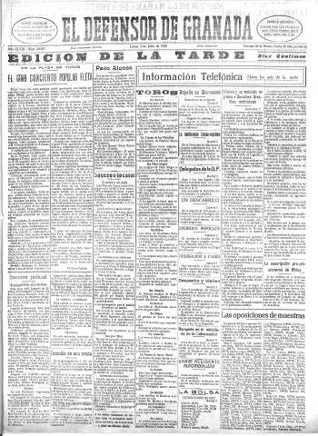 'El Defensor de Granada  : diario político independiente' - Año XLVIII Número 24453 Ed. Tarde - 1926 Julio 05