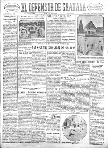 'El Defensor de Granada  : diario político independiente' - Año XLVIII Número 24458 Ed. Mañana - 1926 Julio 08