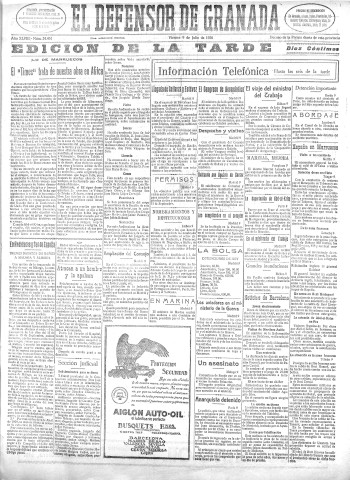 'El Defensor de Granada  : diario político independiente' - Año XLVIII Número 24461 Ed. Tarde - 1926 Julio 09
