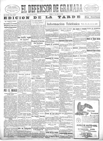 'El Defensor de Granada  : diario político independiente' - Año XLVIII Número 24463 Ed. Tarde - 1926 Julio 10