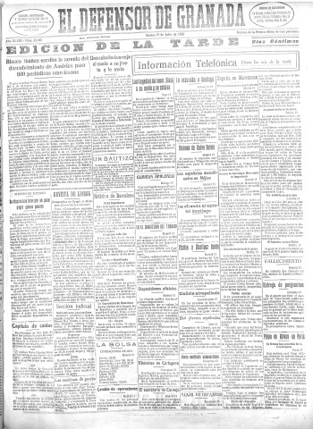 'El Defensor de Granada  : diario político independiente' - Año XLVIII Número 24467 Ed. Tarde - 1926 Julio 13