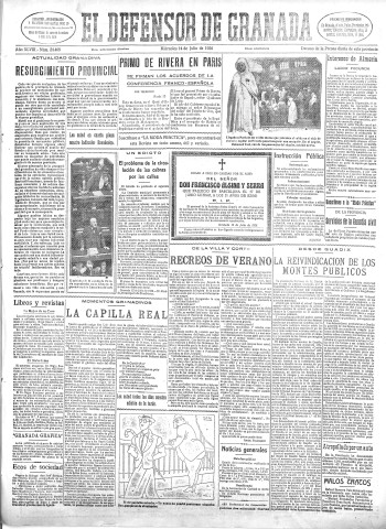 'El Defensor de Granada  : diario político independiente' - Año XLVIII Número 24468 Ed. Mañana - 1926 Julio 14