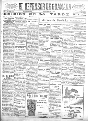 'El Defensor de Granada  : diario político independiente' - Año XLVIII Número 24469 Ed. Tarde - 1926 Julio 14
