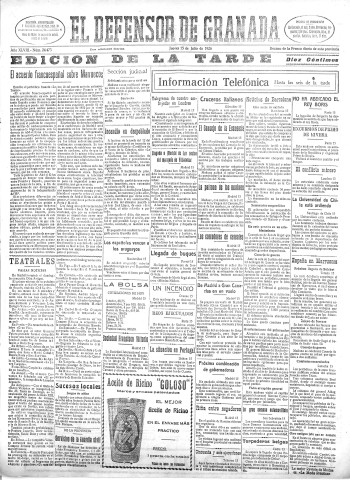 'El Defensor de Granada  : diario político independiente' - Año XLVIII Número 24473 Ed. Tarde - 1926 Julio 15
