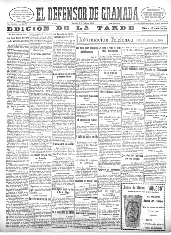 'El Defensor de Granada  : diario político independiente' - Año XLVIII Número 24477 Ed. Tarde - 1926 Julio 17