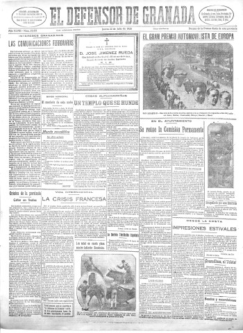 'El Defensor de Granada  : diario político independiente' - Año XLVIII Número 24484 Ed. Mañana - 1926 Julio 22