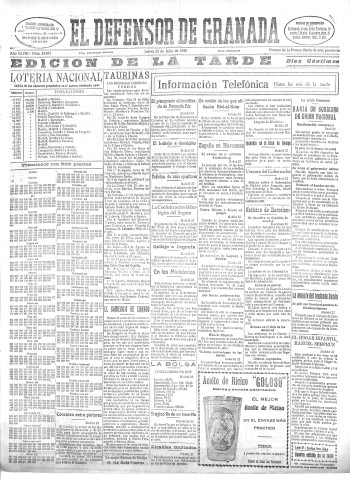 'El Defensor de Granada  : diario político independiente' - Año XLVIII Número 24485 Ed. Tarde - 1926 Julio 22