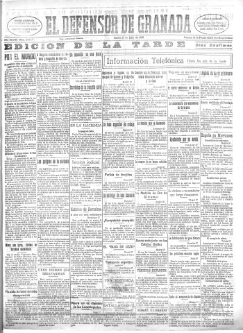 'El Defensor de Granada  : diario político independiente' - Año XLVIII Número 24493 Ed. Tarde - 1926 Julio 27