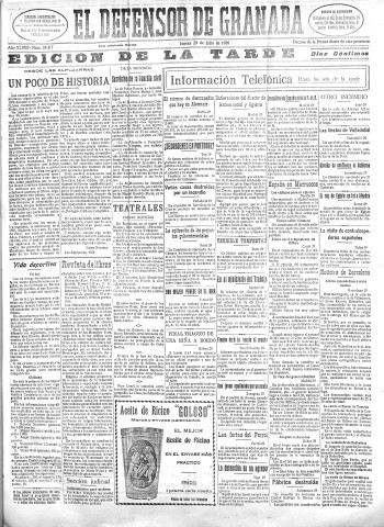 'El Defensor de Granada  : diario político independiente' - Año XLVIII Número 24497 Ed. Tarde - 1926 Julio 29