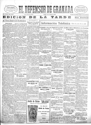 'El Defensor de Granada  : diario político independiente' - Año XLVIII Número 24499 Ed. Tarde - 1926 Julio 30