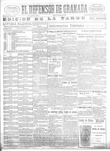 'El Defensor de Granada  : diario político independiente' - Año XLVIII Número 24502 Ed. Tarde - 1926 Agosto 02