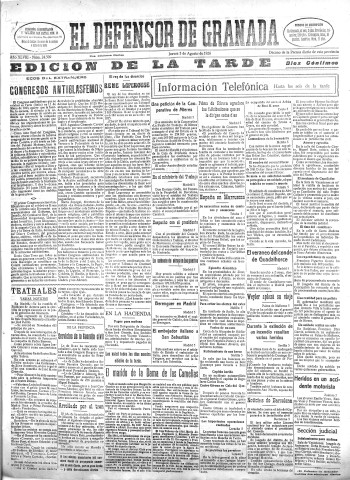 'El Defensor de Granada  : diario político independiente' - Año XLVIII Número 24505 Ed. Tarde - 1926 Agosto 05