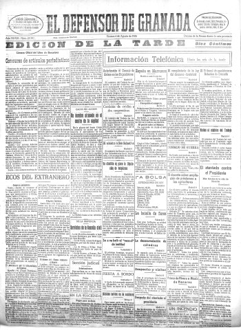 'El Defensor de Granada  : diario político independiente' - Año XLVIII Número 24506 Ed. Tarde - 1926 Agosto 06