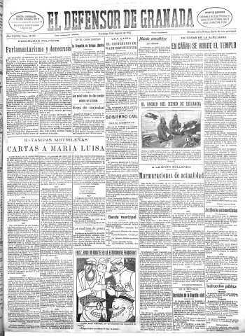 'El Defensor de Granada  : diario político independiente' - Año XLVIII Número 24507 Ed. Mañana - 1926 Agosto 08