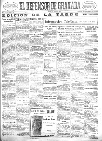 'El Defensor de Granada  : diario político independiente' - Año XLVIII Número 24508 Ed. Tarde - 1926 Agosto 09