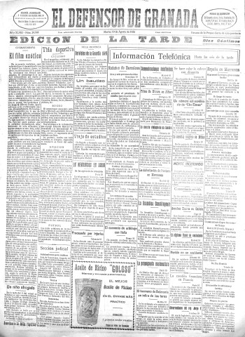 'El Defensor de Granada  : diario político independiente' - Año XLVIII Número 24509 Ed. Tarde - 1926 Agosto 10