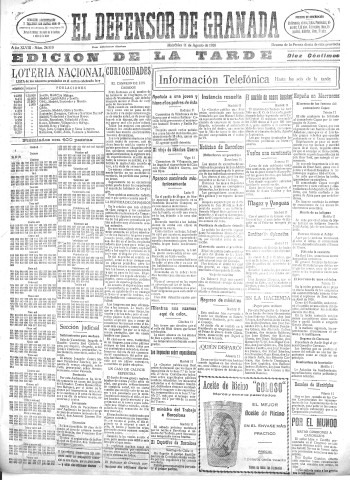 'El Defensor de Granada  : diario político independiente' - Año XLVIII Número 24510 Ed. Tarde - 1926 Agosto 11