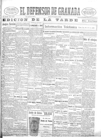 'El Defensor de Granada  : diario político independiente' - Año XLVIII Número 24512 Ed. Tarde - 1926 Agosto 12