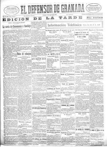 'El Defensor de Granada  : diario político independiente' - Año XLVIII Número 24514 Ed. Tarde - 1926 Agosto 13