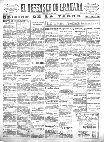 'El Defensor de Granada  : diario político independiente' - Año XLVIII Número 24516 Ed. Tarde - 1926 Agosto 14