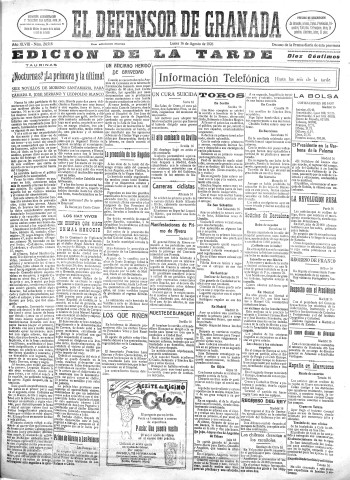 'El Defensor de Granada  : diario político independiente' - Año XLVIII Número 24518 Ed. Tarde - 1926 Agosto 16