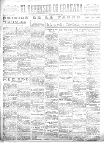 'El Defensor de Granada  : diario político independiente' - Año XLVIII Número 24526 Ed. Tarde - 1926 Agosto 20