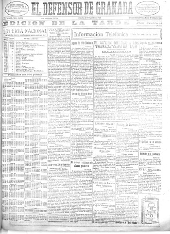 'El Defensor de Granada  : diario político independiente' - Año XLVIII Número 24528 Ed. Tarde - 1926 Agosto 21