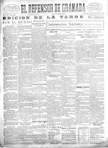 'El Defensor de Granada  : diario político independiente' - Año XLVIII Número 24530 Ed. Tarde - 1926 Agosto 23