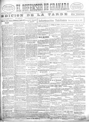 'El Defensor de Granada  : diario político independiente' - Año XLVIII Número 24532 Ed. Tarde - 1926 Agosto 24