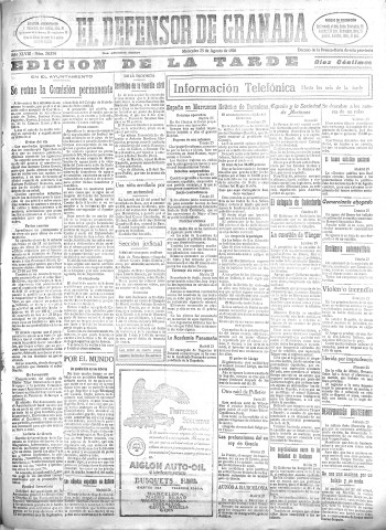 'El Defensor de Granada  : diario político independiente' - Año XLVIII Número 24534 Ed. Tarde - 1926 Agosto 25