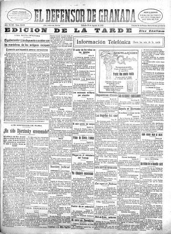 'El Defensor de Granada  : diario político independiente' - Año XLVIII Número 24540 Ed. Tarde - 1926 Agosto 28