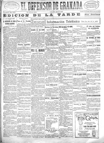 'El Defensor de Granada  : diario político independiente' - Año XLVIII Número 24542 Ed. Tarde - 1926 Agosto 30