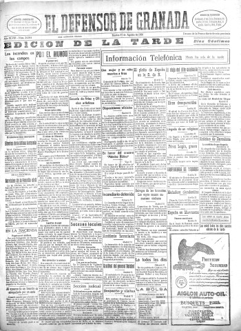 'El Defensor de Granada  : diario político independiente' - Año XLVIII Número 24544 Ed. Tarde - 1926 Agosto 31