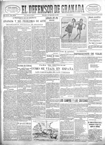 'El Defensor de Granada  : diario político independiente' - Año XLVIII Número 24545 Ed. Mañana - 1926 Septiembre 01