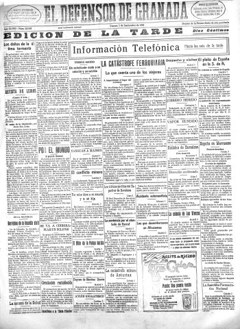 'El Defensor de Granada  : diario político independiente' - Año XLVIII Número 24550 Ed. Tarde - 1926 Septiembre 03