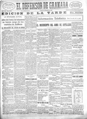 'El Defensor de Granada  : diario político independiente' - Año XLVIII Número 24554 Ed. Tarde - 1926 Septiembre 06