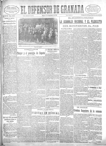 'El Defensor de Granada  : diario político independiente' - Año XLVIII Número 24555 Ed. Mañana - 1926 Septiembre 07