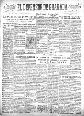 'El Defensor de Granada  : diario político independiente' - Año XLVIII Número 24557 Ed. Mañana - 1926 Septiembre 08