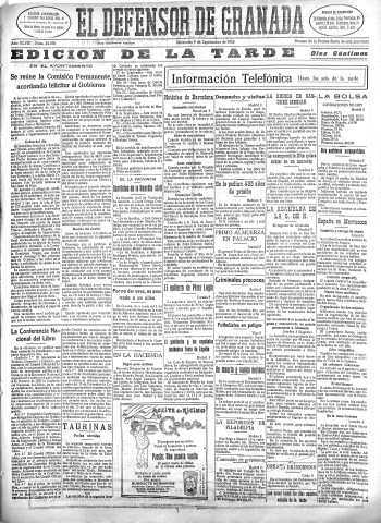 'El Defensor de Granada  : diario político independiente' - Año XLVIII Número 24558 Ed. Tarde - 1926 Septiembre 08
