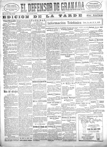 'El Defensor de Granada  : diario político independiente' - Año XLVIII Número 24562 Ed. Tarde - 1926 Septiembre 10