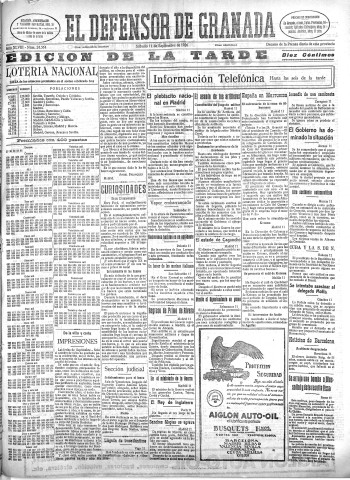 'El Defensor de Granada  : diario político independiente' - Año XLVIII Número 24564 Ed. Tarde - 1926 Septiembre 11