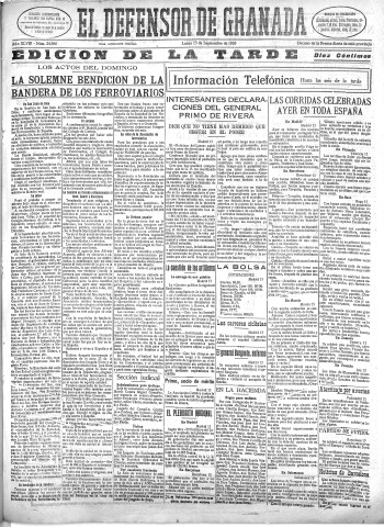 'El Defensor de Granada  : diario político independiente' - Año XLVIII Número 24566 Ed. Tarde - 1926 Septiembre 13